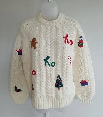 Boden Heritage Cable Christmas Sweater NWT S Hand Embellished HoHoHo Warm Ivory