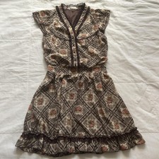 Axes Femme Brown Cream Floral Medallion Print Dress Lace Ruffle Hem M Japan