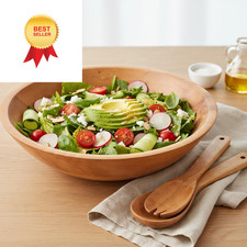 Extra Large Wooden Salad Bowl Set With Serving Utensils - A Large, Brown