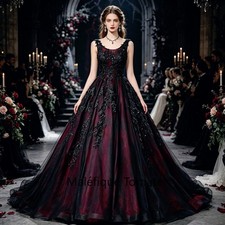 Gothic Burgundy V Neck Wedding Dress Sleeveless Black Lace Applique Bridal Gowns
