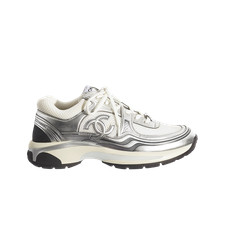 Chanel Sneakers Fabric Laminated  White Silver Wmn SZ 