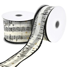 Music Sheet Notes Faux Linen Wired Ribbon, 10-yard