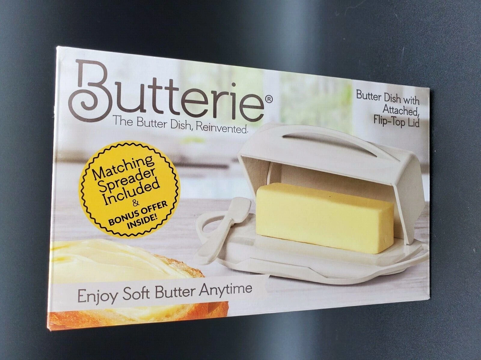 Butterie Butter Dish Reinvented Soft Butter Anytime with Spreader Flip Top lid