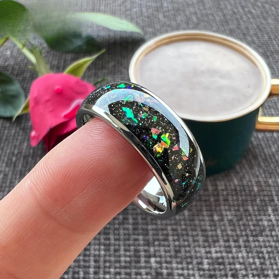 Anillo de carburo de tungsteno de 8 mm para hombres y mujeres colorido anillo con incrustación de fragmento de ópalo Foto 4 de 4