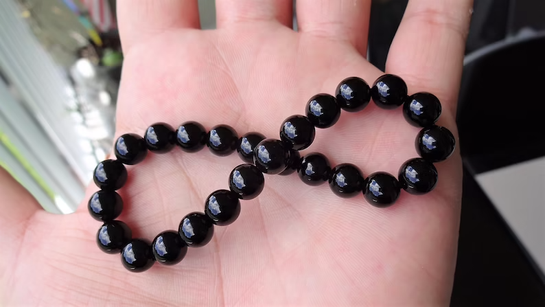 Bracciale Unique Gems In Pietra Naturale Onice Nero 8mm - Elastico Regolabile Da 16 A 19 Cm, Con Sacchetto Velluto