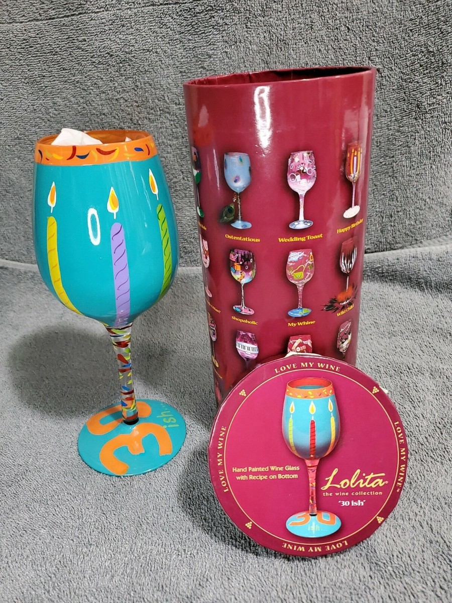 Lolita 30ish Birthday Wine Glass in Original Box Candles Hand Painted | eBay
