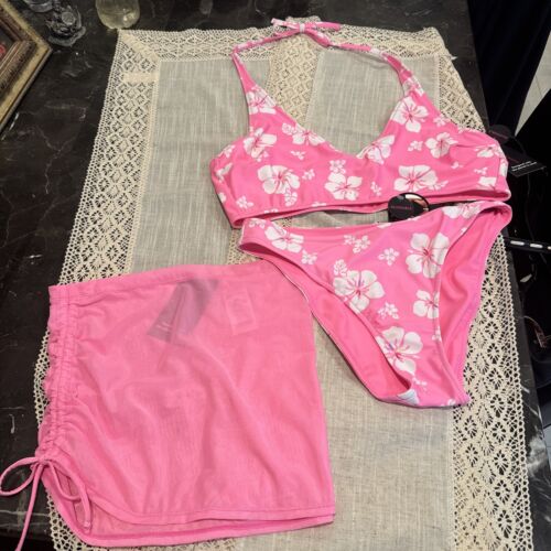 NEW 3 PcHawaiian Pink Hibiscus Fwr Print Halter Top Two Pc Bikini W Skirt Cover