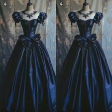 Gothic Halloween Prom Dresses Navy Blue Satin Evening Celebration Ball Gowns