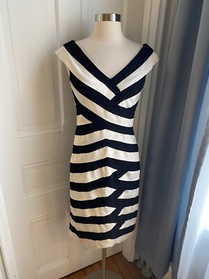 XSCAPE BY JOANNA CHEN BLACK WHITE SHEATH DRESS-SIZE4-THICK PLUSH FABRIC!! 