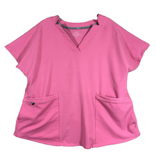 Cuddl Duds Climate Right Pink Scrub Top Women L V-Neck Short Sleeve Pockets 