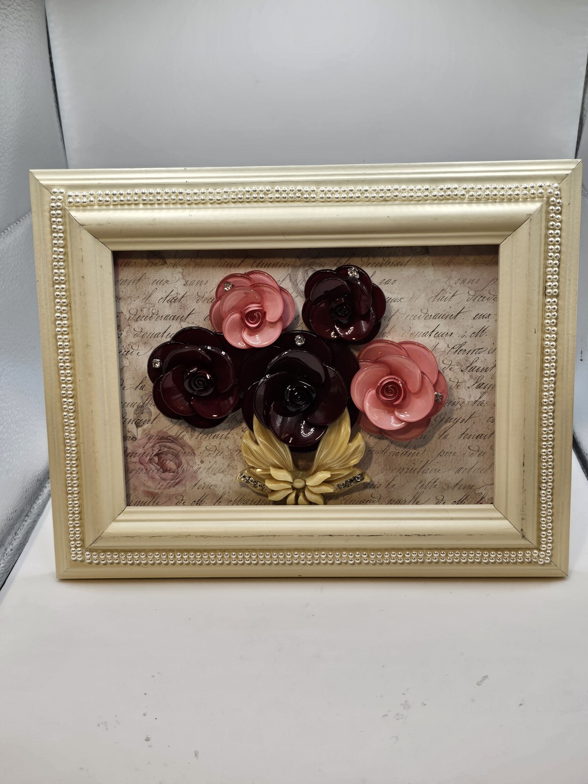 3D Framed Jewelry Art Mixed Media Vtg Contemporary Floral Faux Pearl OOAK Signed