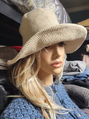 Pure Accessories 100% Cotton Hand Knit Floppy Hat Beige S hippie