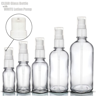 KLARGLASFLASCHE mit WEISSER LOTION Spenderpumpe für Seren Cremes Desinfektionsmittel