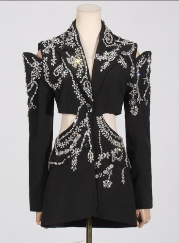 Women's Lapel Cutout Diamante Sli Fit Blazer Coat Fashion Jacket Suits Top - Picture 2 of 9