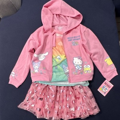 Sanrio Hello Kitty Girls 3pc Outfit Set Size 6 Pink Zip Hoodie Tee Tulle Skirt