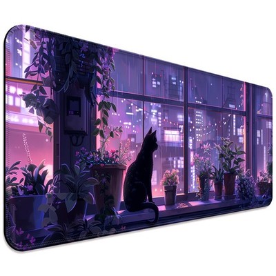 Japanese Anime Cute Cat and Plant Gaming Desk Mat, Computer Keyboard Large Ex...