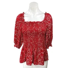 Max Studio Red Floral Ruffle Stretch 3/4 Sleeve Smocked Peplum Blouse Top Size M