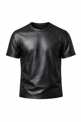 Men black Genuine Leather Shirt Short Sleeve Button Down Slim Fit Real Lambskin
