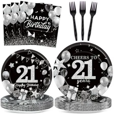 96Pcs Black Silver 21st Birthday Party Decorations Disposable Paper Plates Na...