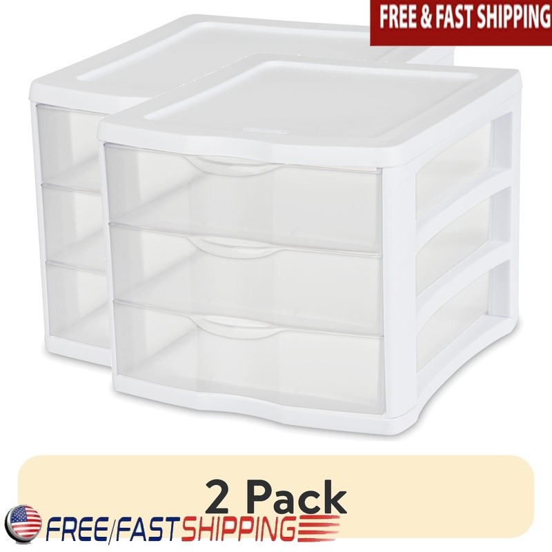 2-Pack Clear Stackable 3-Drawer Plastic Desktop Organizer Storage Unit