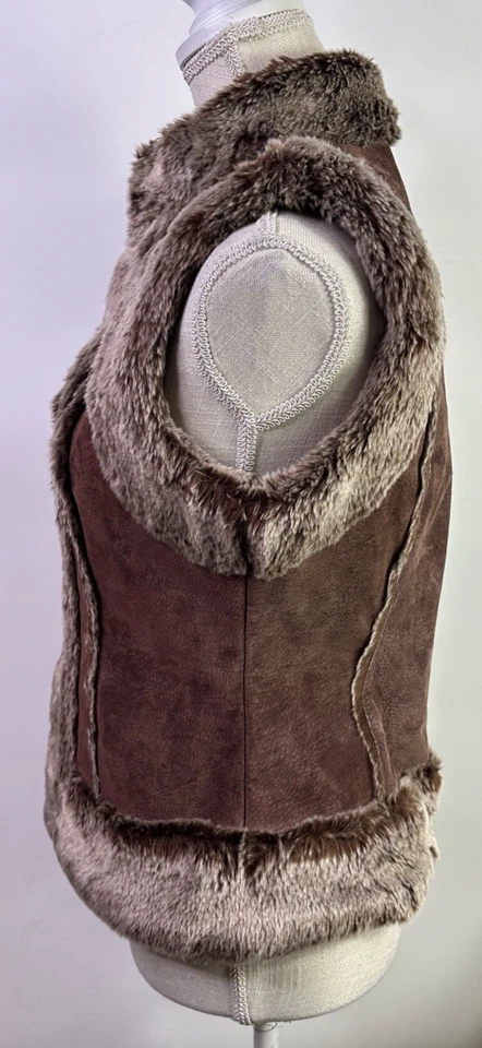 Live A Little Retro Suede Leather Faux Fur Lined Penny Lane Style Vest Sz Small - Image 3 of 4