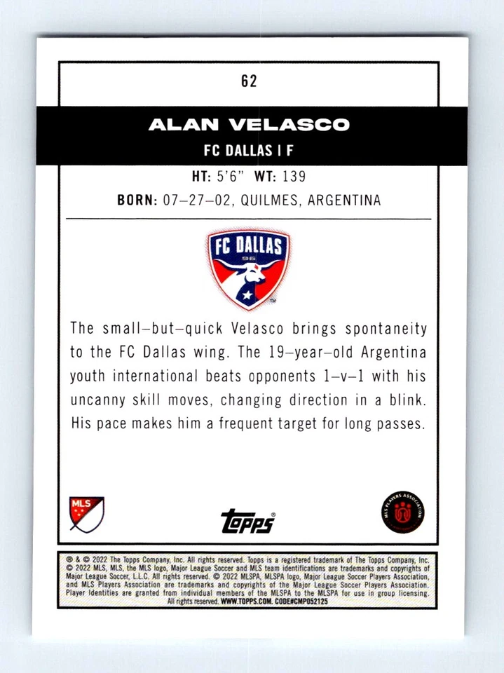 #62 2022 Topps MLS Pitch Prodigies BASE - Alan Velasco RC FC Dallas - Image 2 of 2