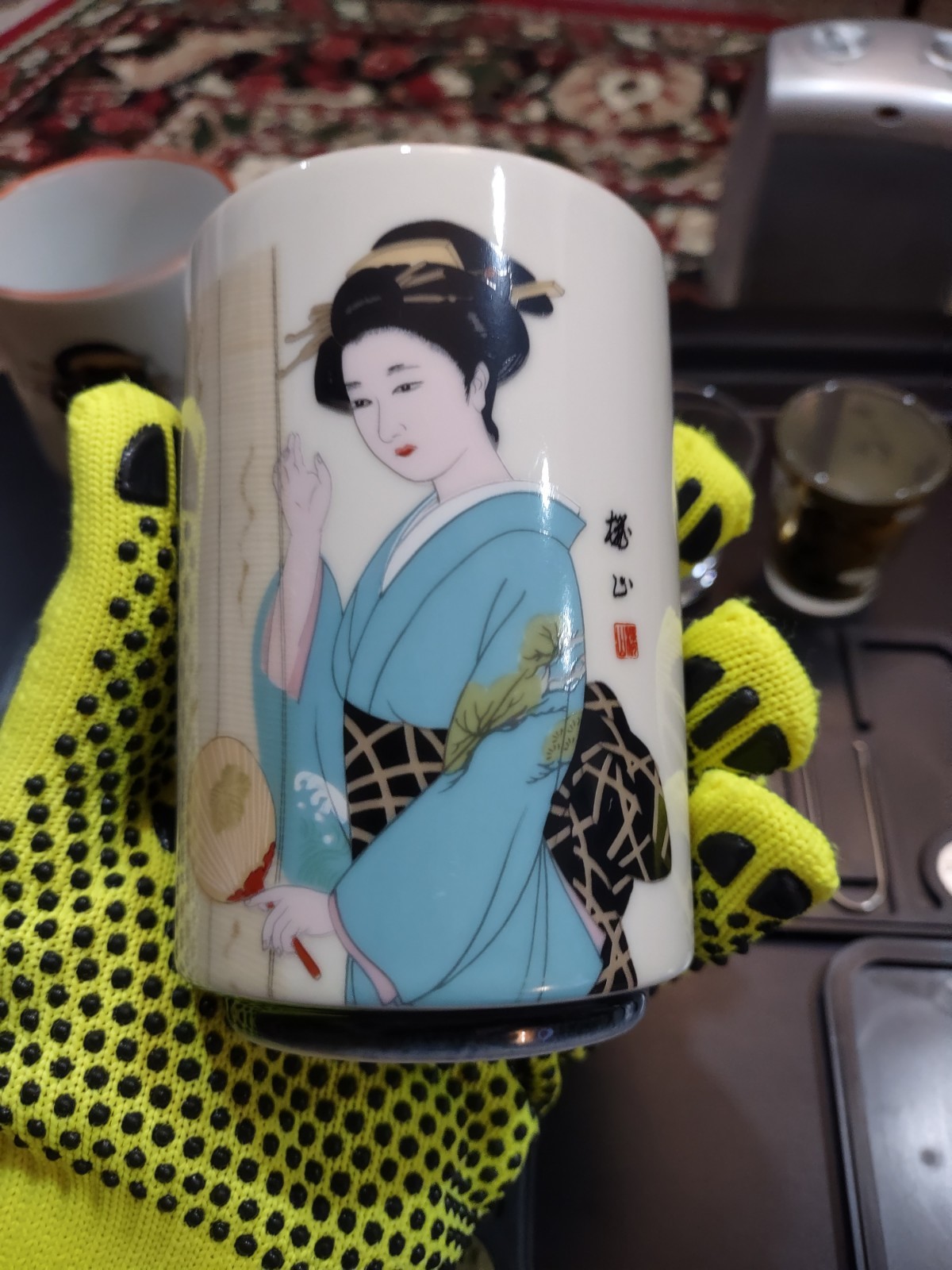 Vintage Geisha Tea Cup, Osaka Shot Glasses, Ukiyoe Art Coasters Japanese Lot 