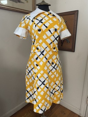 Vtg 60s MOD Retro Twiggy Dress Yellow Plaid Dagger Collar Double Breasted S