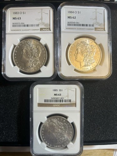 LOT OF (3) 1883,84,85 MORGAN SILVER DOLLARS MS63 & MS62 90% SILVER 🔥🔥📈📈