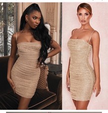 House of CB ELLA Metallic Gold Ruched Organza Mesh Mini Dress XS New With Tags!