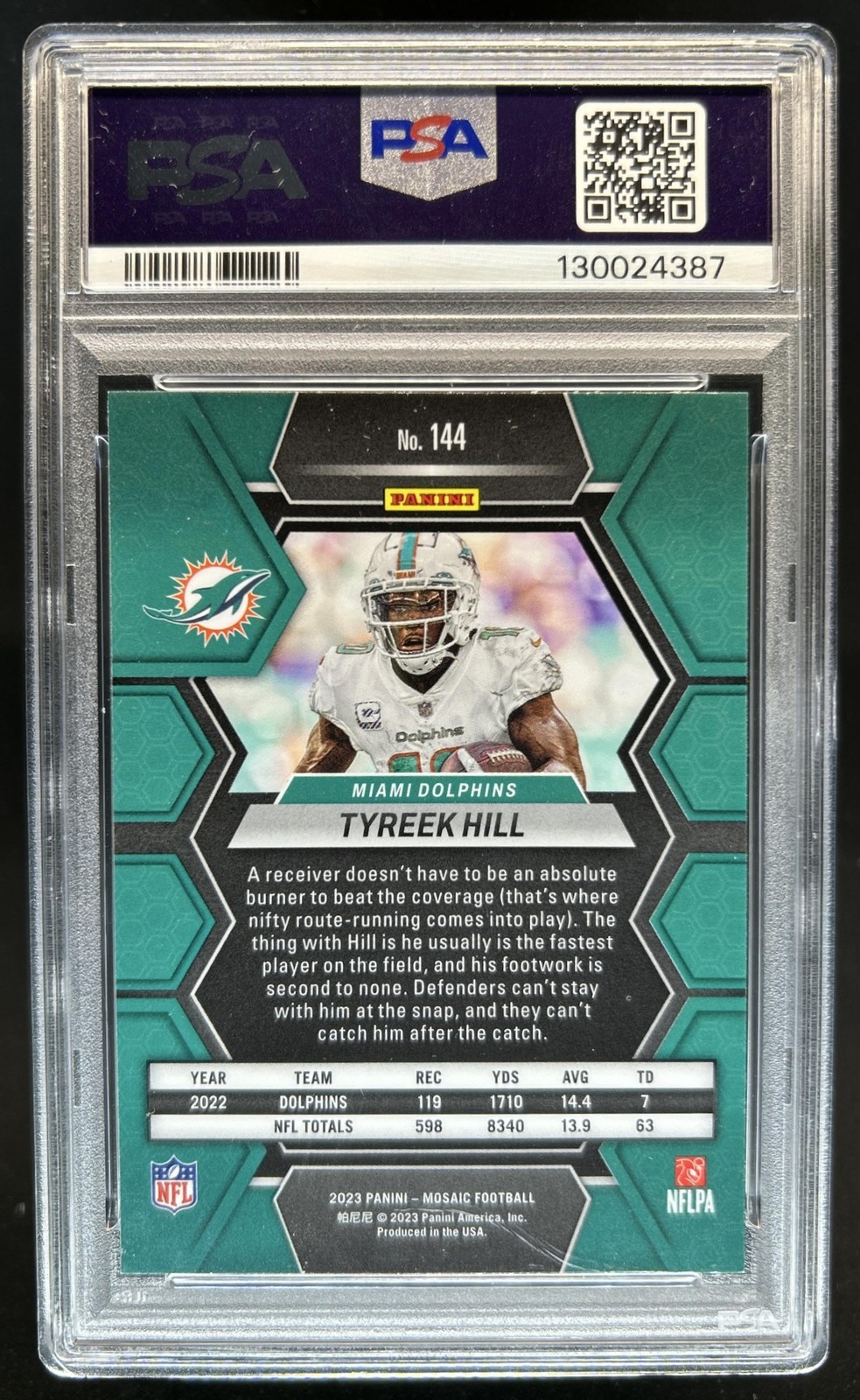 2023 Panini Mosaic Tyreek Hill #144 Dolphins PSA 9 view 2