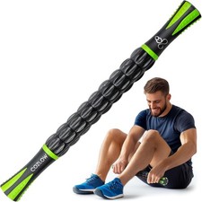 Muscle Roller Stick Black Green Hand Held Body Massager W/ 9 Rollers  Non-Slip