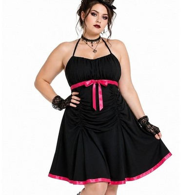 Taboo Halter Midi Dress 2XL Black Pink Ruched Satin Bow Y2K Coquette Goth Retro