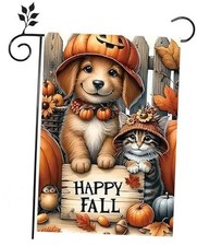 Fall Happy Garden Flags 12x18 Double Sided, Cats Dog Autumn Yard Flags, Small