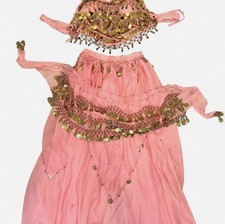 Pink Sequin Coin Belly Dance Costume 3pc Set Halter Top Belt Maxi Skirt NYE Rave