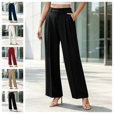 Polyester Womens Casual Wide Leg Trousers High Waist Pleated Draped Silhouette