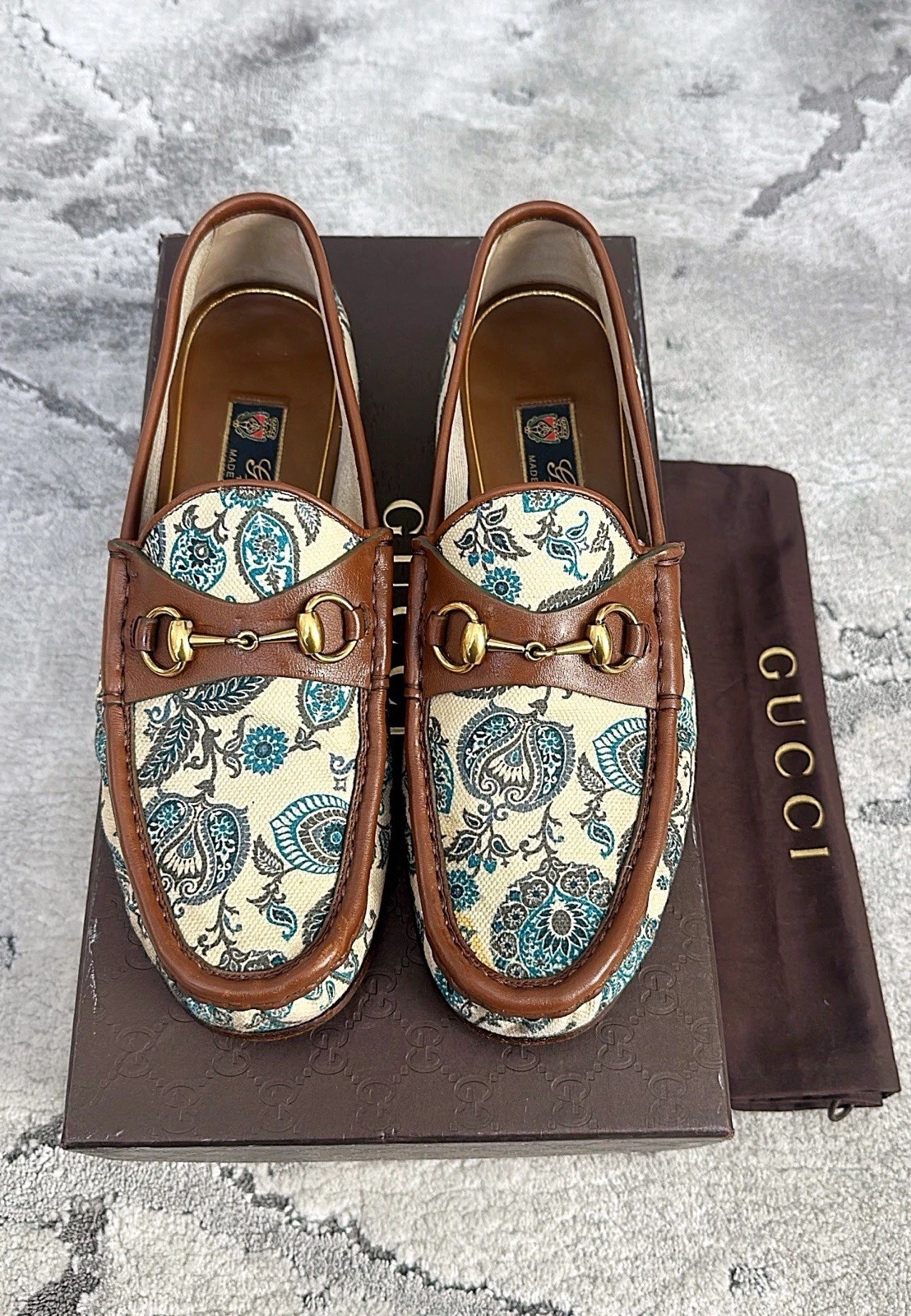 Authentique mocassin homme Gucci toile mono cachemire or Horsebit US9,5 EU43 UK9