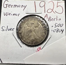1925 A 1 Weimar Mark 1 Marks Silver Coin XF EF Circulated