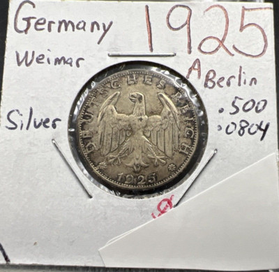1925 A 1 Weimar Mark 1 Marks Silver Coin XF EF Circulated