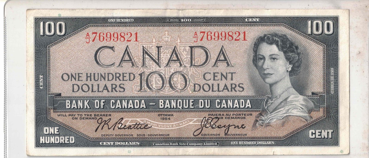 1954 Bank of Canada Queen Elizabeth $100 one hundred dollar paper