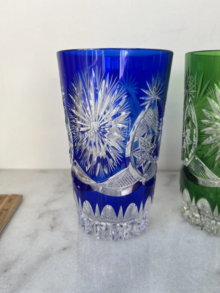 Tumbler glass Blue Red Yellow Green Hand Cut Glasses Set Of 4