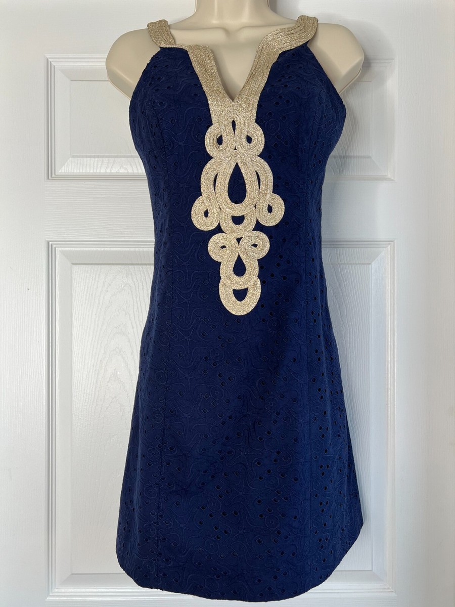 lilly pulitzer navy crochet dress Lilly Pulitzer "Kariana" Navy Merino Wool Crochet Yoke 3/4 Sleeve Dress sz.XS