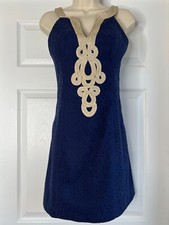 NWT Lilly Pulitzer Eyelet True Navy Emery Shift Dress Sz 0 Gold Crochet Trim