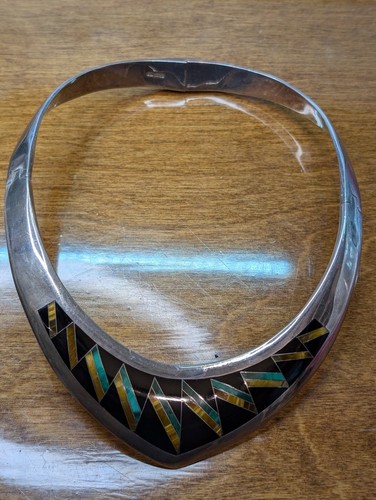 Vintage Mexico 950 Silver Onyx, Malachite & Irridescent Brown Mineral Inlay 4½” - Imagen 4 de 16