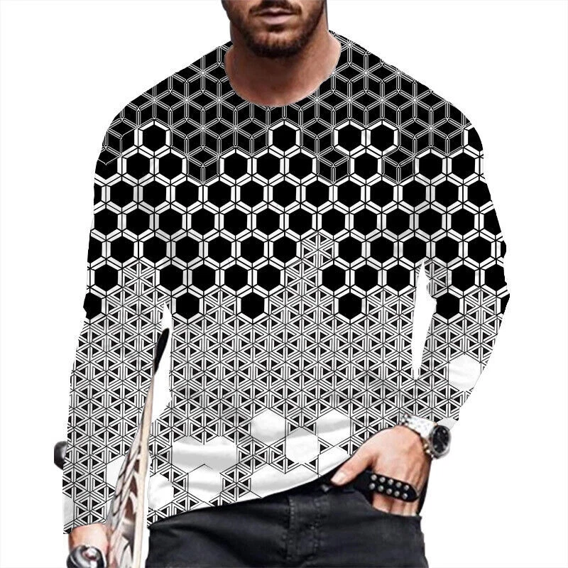 T-Shirt Men Gradient Hexagon Graphic Black White Long Sleeve Fashion T Shirt Tee