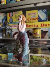 Vintage 1950s Aquarium Fishbowl Ceramic Beautiful Fantasy Blonde Mermaid On Rock