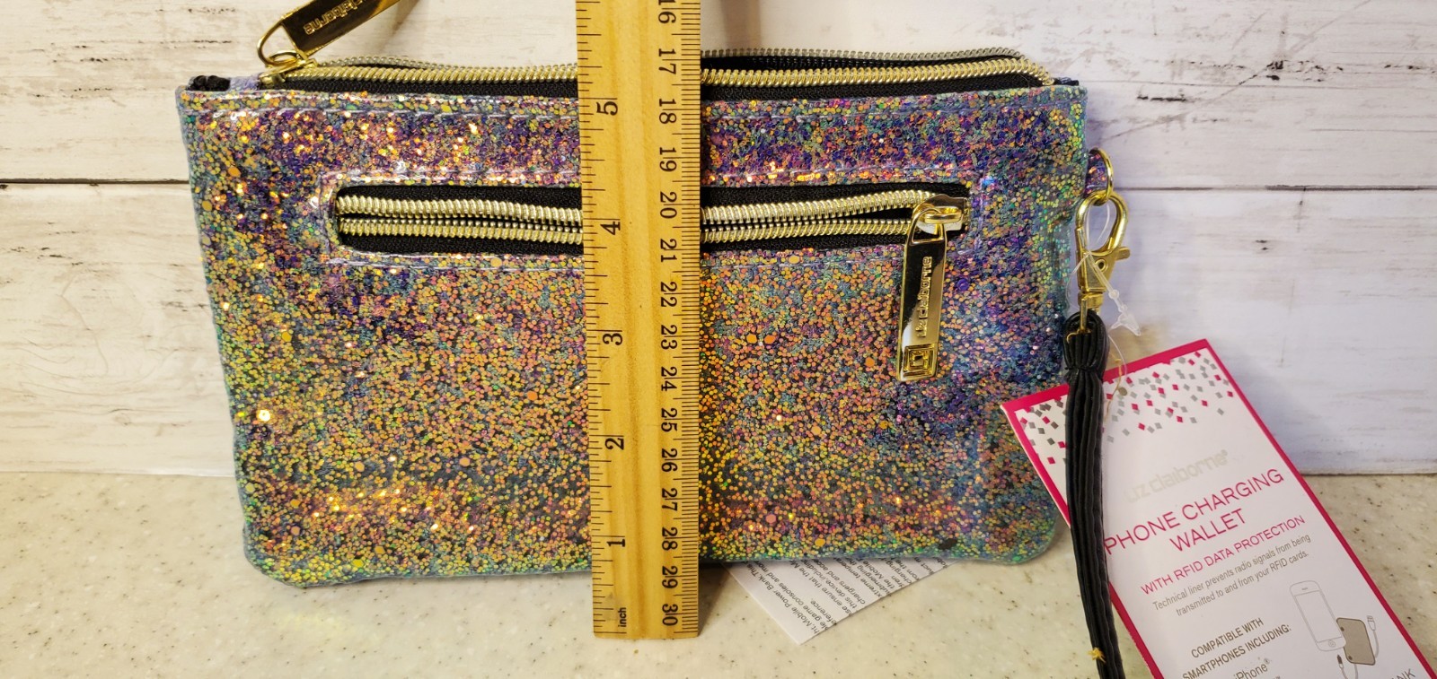 Liz Claiborne Glitter Phone Charging Wristlet Wallet RFID NWT Power Bank 5"x8"