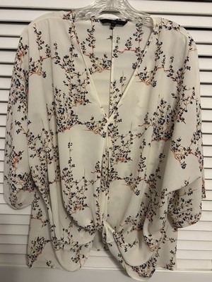 Elogy White Blue Orange Beige Floral Knot V-Neck 3/4 Sleeve Blouse L