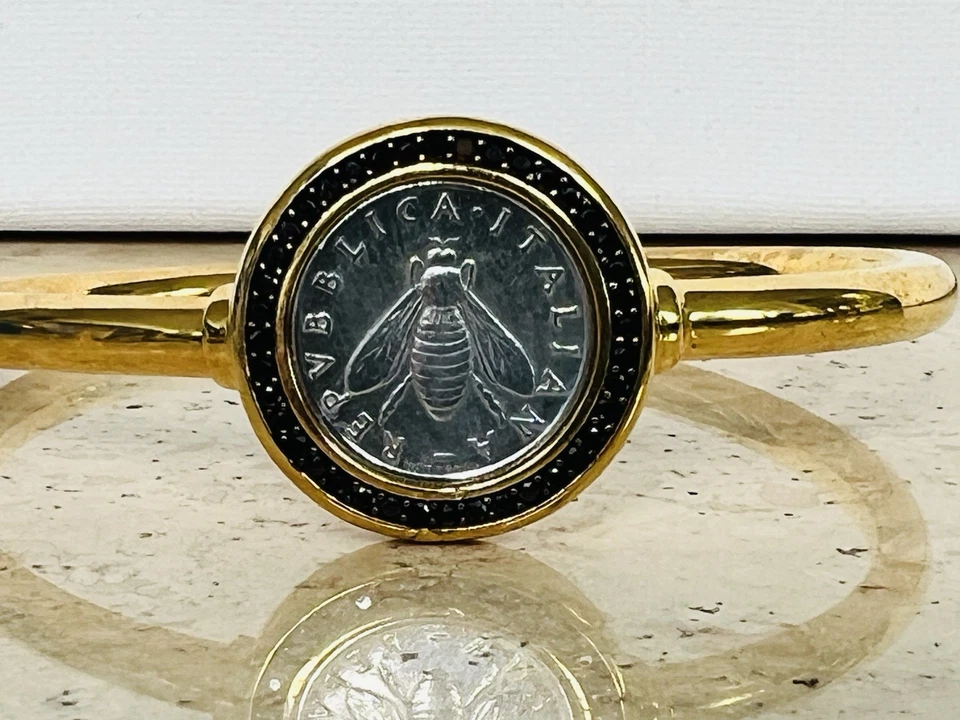 Brazalete Brazalete Bellezza Italia Amarillo Bronce Abeja 2 Liras Moneda Ónix Negro Foto 3 de 4