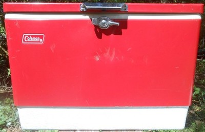 Vintage Coleman Red Metal Cooler Ice Chest USA w/ Drain